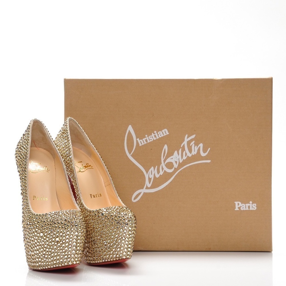 CHRISTIAN LOUBOUTIN Gold Crystal Daffodile straps 160 heels